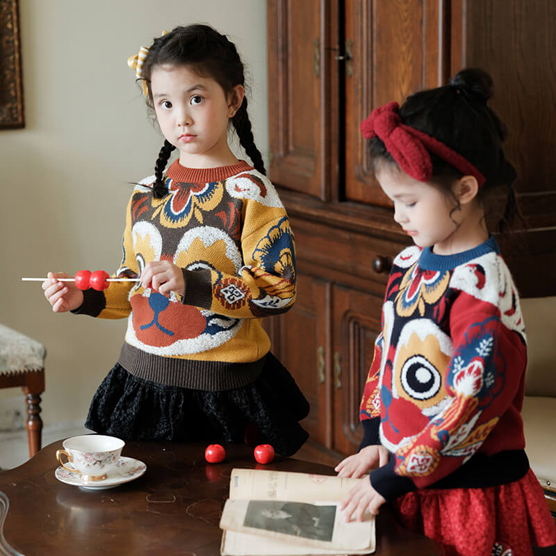 Lucky Bunny Contrast Sweater-1 -  NianYi, Chinese Traditional Clothing for Kids