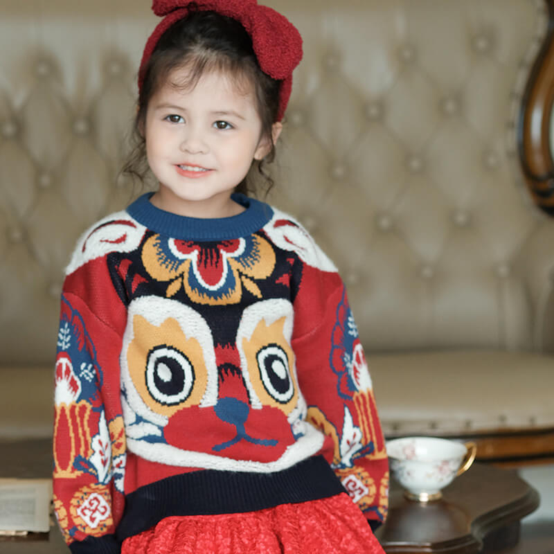 Lucky Bunny Contrast Sweater-6-color-NianYi Red -  NianYi, Chinese Traditional Clothing for Kids