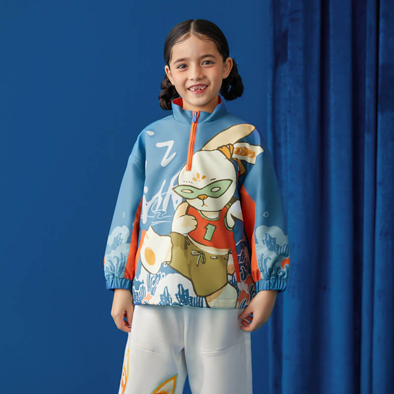 Rabbit Graphic Half zipper Pullover Jacket-3-color-Dark Blue -  NianYi, Chinese Traditional Clothing for Kids