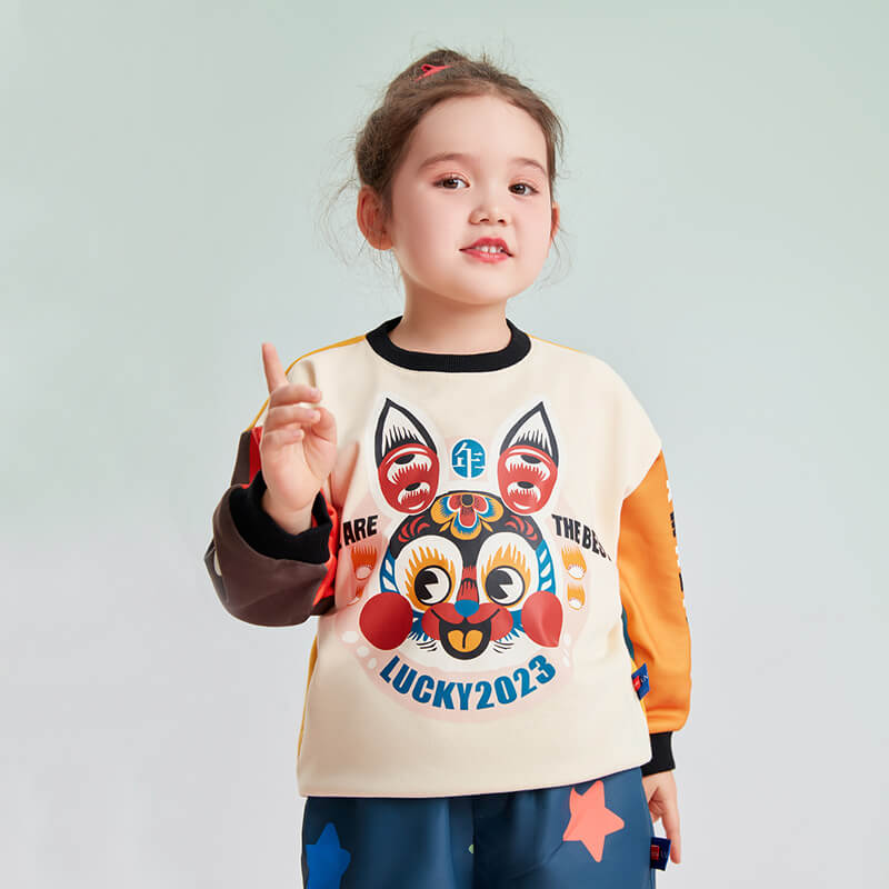 Lucky Bunny Graphic Color Block Pullover Sweatshirt-7 -  NianYi, Chinese Traditional Clothing for Kids