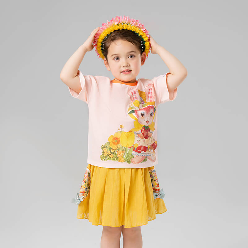 Animal Friends Graphic and Flower Graphic on Sleeves Ringer Tee-1 -  NianYi, Chinese Traditional Clothing for Kids