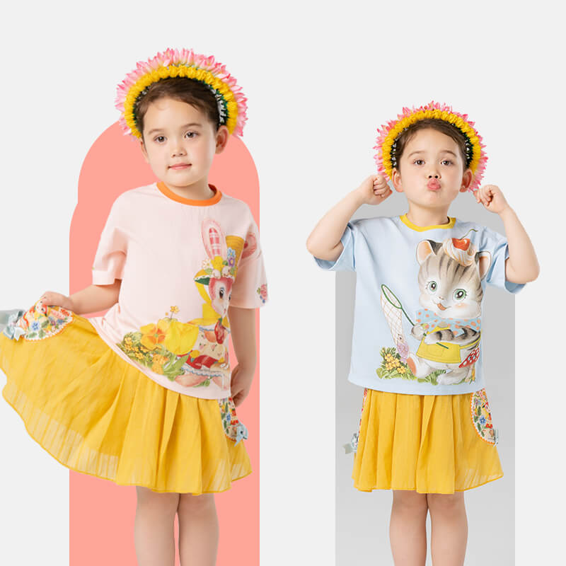 Animal Friends Graphic and Flower Graphic on Sleeves Ringer Tee-2 -  NianYi, Chinese Traditional Clothing for Kids