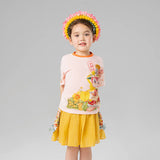Animal Friends Graphic and Flower Graphic on Sleeves Ringer Tee-7 -  NianYi, Chinese Traditional Clothing for Kids