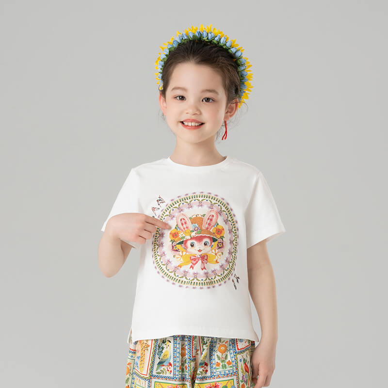 Animal Friends with Flower Wreath Tee-2-color-White Marble -  NianYi, Chinese Traditional Clothing for Kids