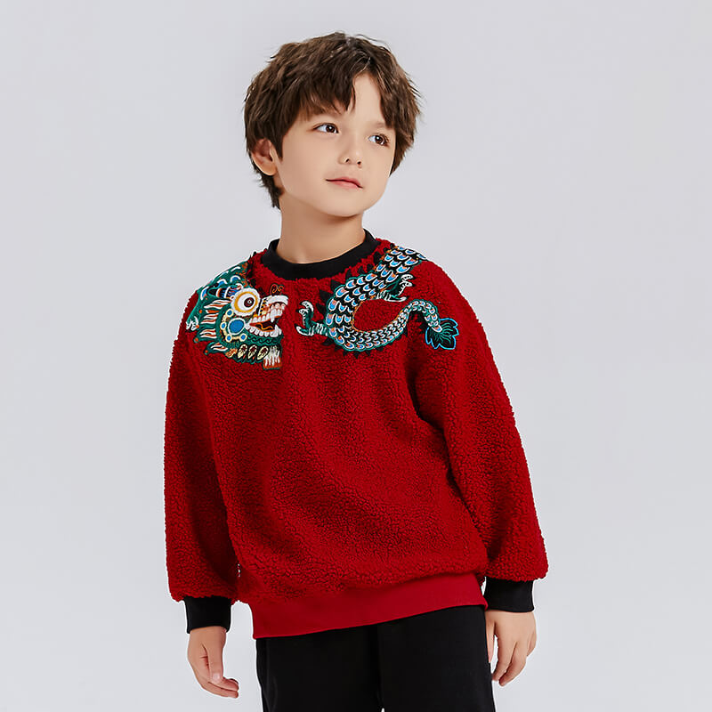 Dragon Long Colorblock Dragon Illustratio Fluffy Cloth Patch Sweatshirt-10-color-NianYi Red -  NianYi, Chinese Traditional Clothing for Kids