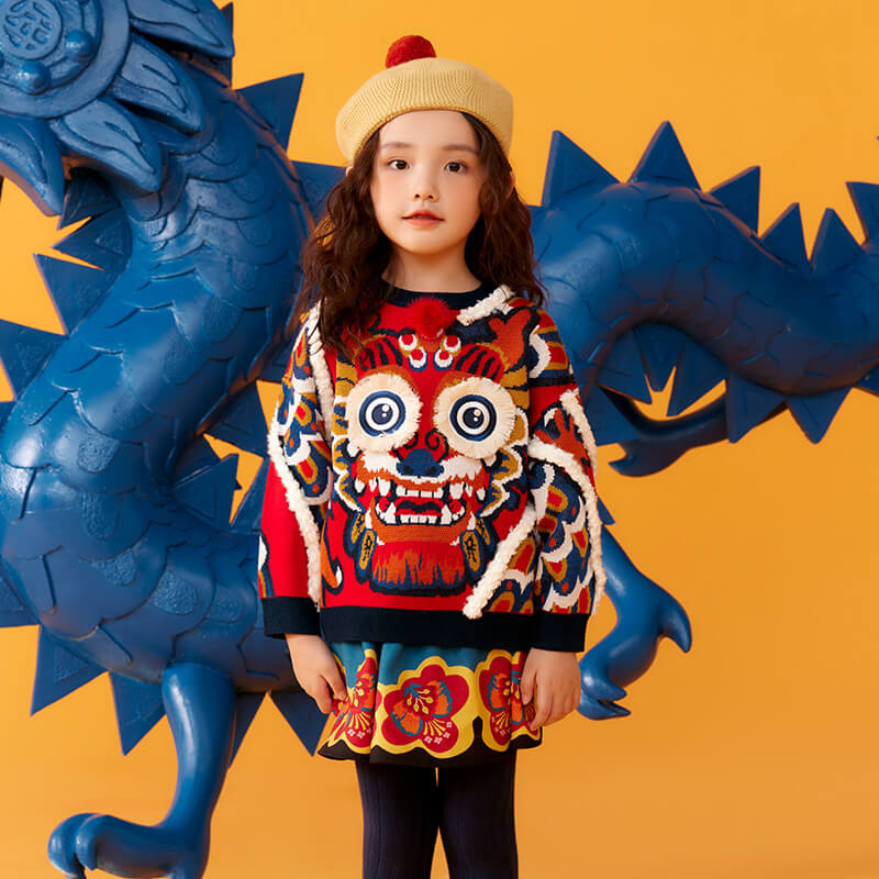 Chinese Zodiac Joyful Dragon Color Contrast Sweater -1 -  NianYi, Chinese Traditional Clothing for Kids