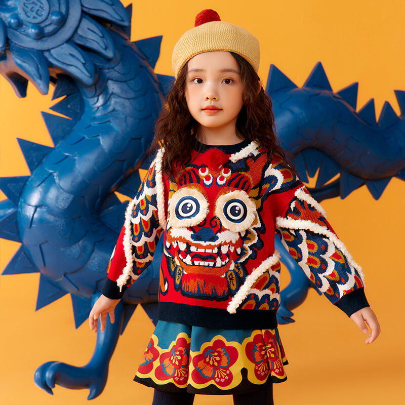 Chinese Zodiac Joyful Dragon Color Contrast Sweater -3-color-NianYi Red -  NianYi, Chinese Traditional Clothing for Kids