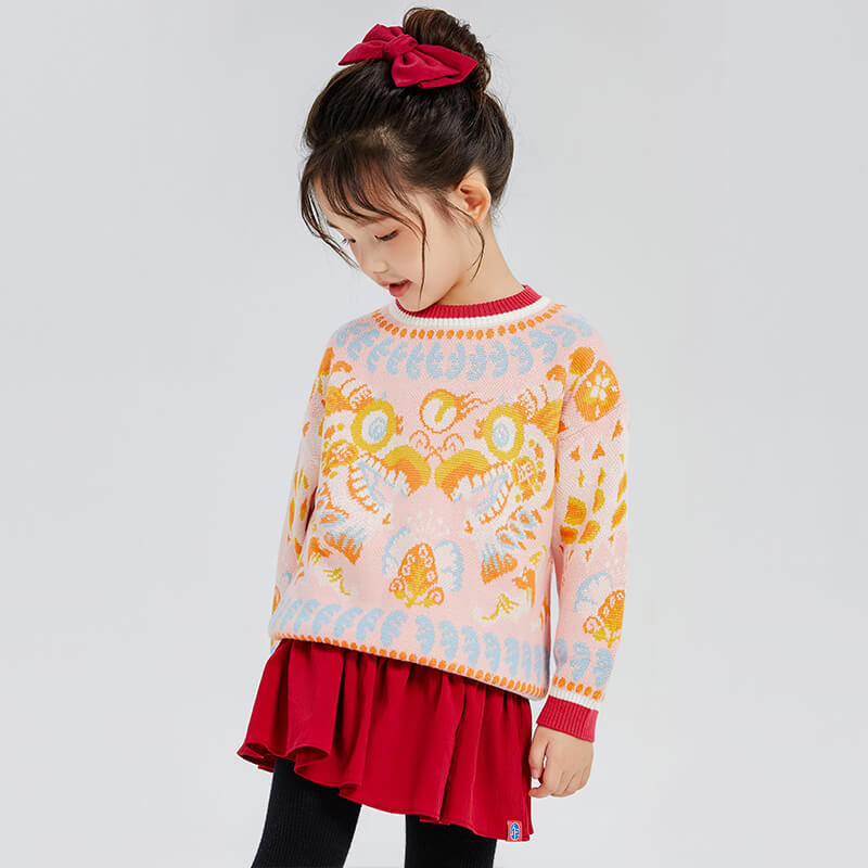 Dragon Long Dragons Playing with Pearls Colorblock Sweaters-15-color-First Peach Pink -  NianYi, Chinese Traditional Clothing for Kids