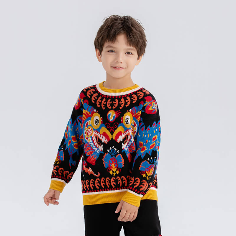 Dragon Long Dragons Playing with Pearls Colorblock Sweaters-5-color-Jet Black -  NianYi, Chinese Traditional Clothing for Kids