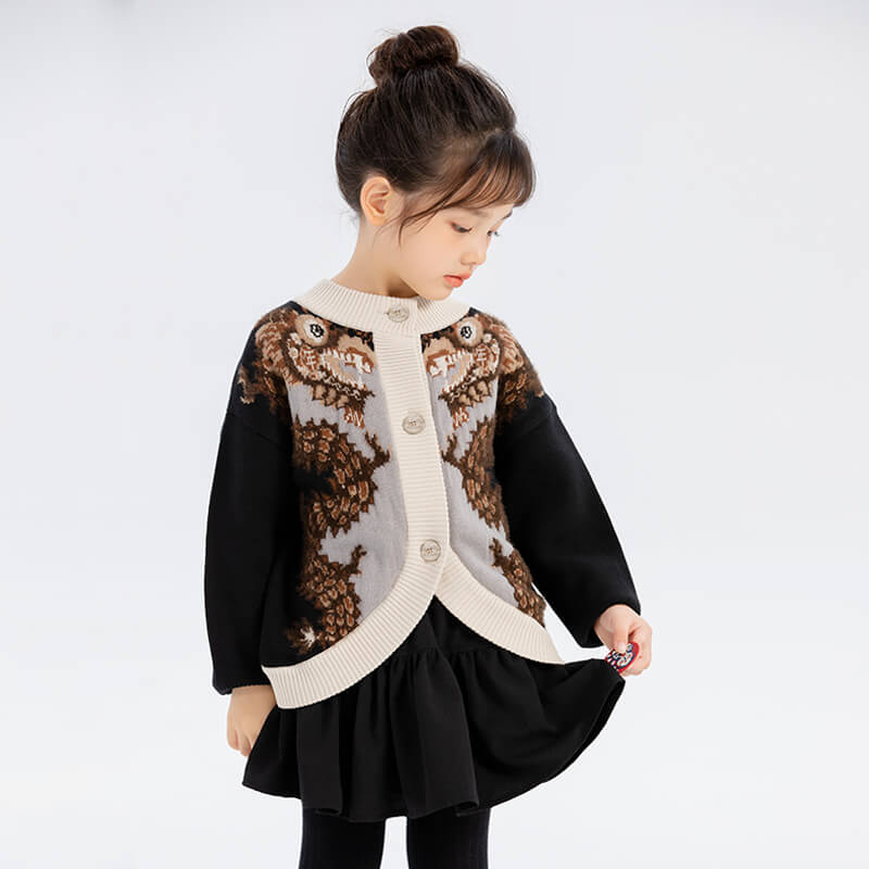 Dragon Long Symmetrical Dragon Crop Knit Cardigan-1 -  NianYi, Chinese Traditional Clothing for Kids