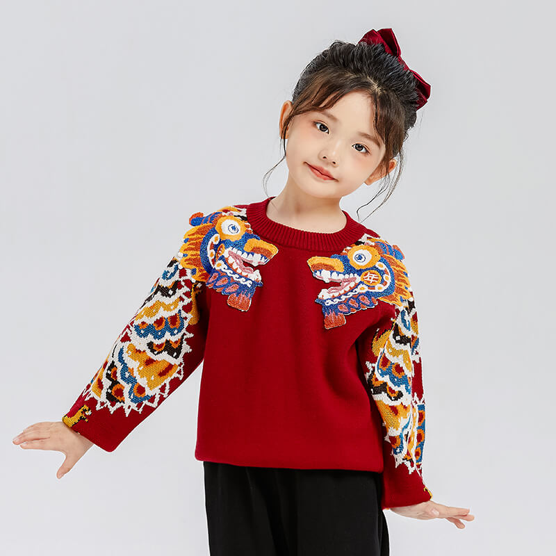 Dragon Long Dragon Head Illustration Fluffy Patch Sweaters-2 -  NianYi, Chinese Traditional Clothing for Kids