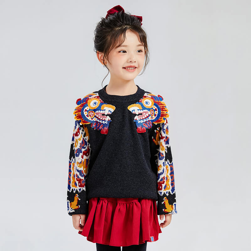 Dragon Long Dragon Head Illustration Fluffy Patch Sweaters-5 -  NianYi, Chinese Traditional Clothing for Kids