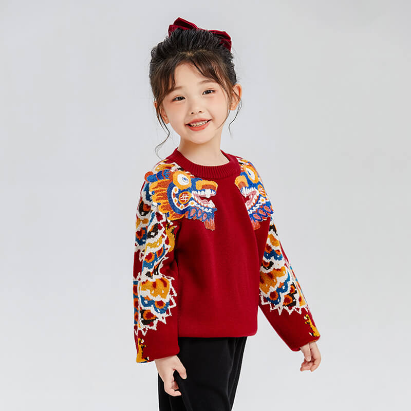 Dragon Long Dragon Head Illustration Fluffy Patch Sweaters-6 -  NianYi, Chinese Traditional Clothing for Kids