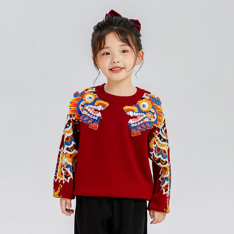 Dragon Long Dragon Head Illustration Fluffy Patch Sweaters-7-color-NianYi Red -  NianYi, Chinese Traditional Clothing for Kids