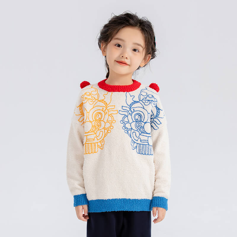 Dragon Long Symmetric Loong Illustration Colorblock Sweaters-10-color-Fried Beige -  NianYi, Chinese Traditional Clothing for Kids