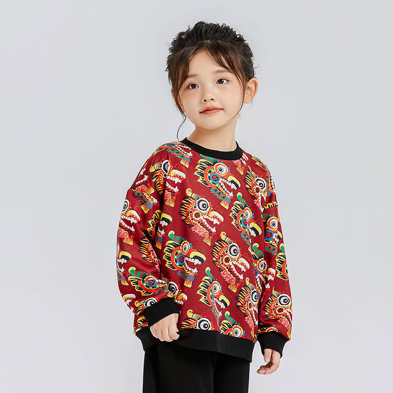 Dragon Long Busy Pattern Colorblock Swearshirt-10-color-NianYi Red -  NianYi, Chinese Traditional Clothing for Kids
