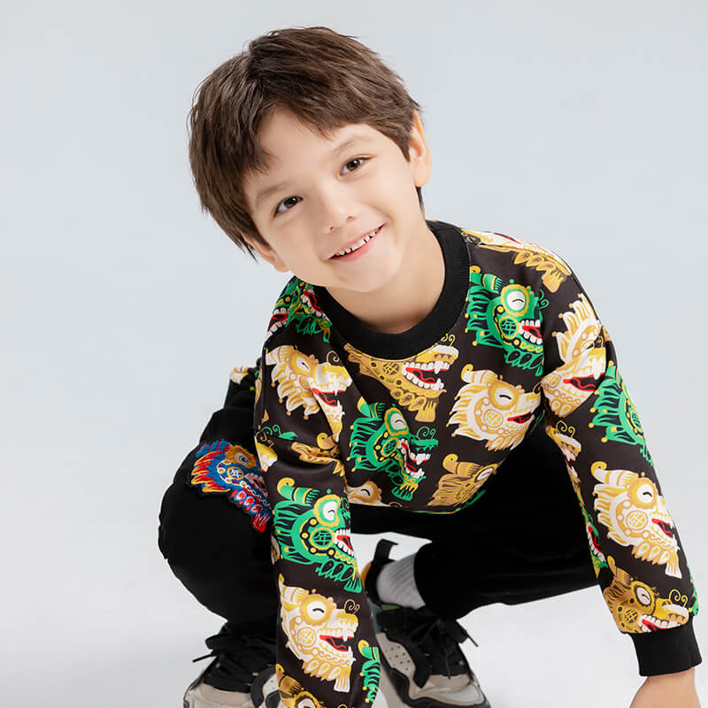 Dragon Long Busy Pattern Colorblock Swearshirt-9 -  NianYi, Chinese Traditional Clothing for Kids