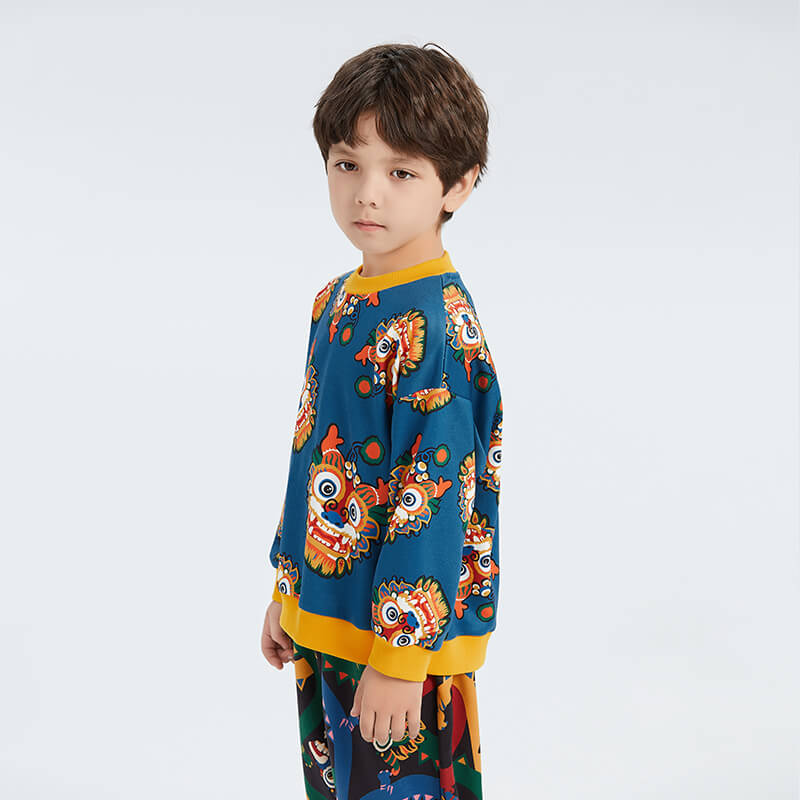 Coverting Dragon Graphics Color Contrast Sweatshirt-5 -  NianYi, Chinese Traditional Clothing for Kids