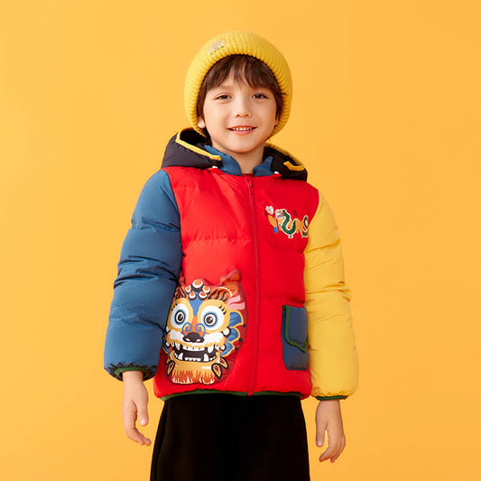 Dragon Long Colorblock Dragon Illustration Down Jacket-1 -  NianYi, Chinese Traditional Clothing for Kids