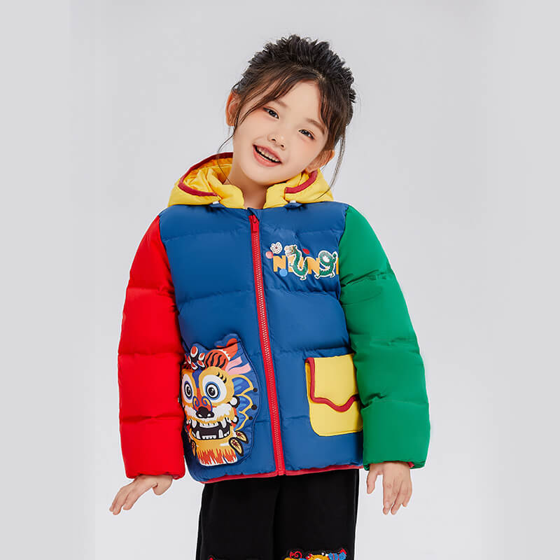 Dragon Long Colorblock Dragon Illustration Down Jacket-3 -  NianYi, Chinese Traditional Clothing for Kids