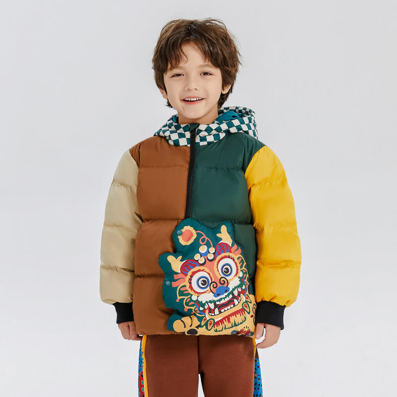 Dragon Long Checkboard Hooded Colorblock Joyful Dragon Down Jacket-1-color-NianYi Green -  NianYi, Chinese Traditional Clothing for Kids