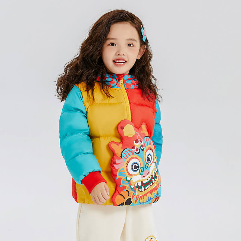 Dragon Long Checkboard Hooded Colorblock Joyful Dragon Down Jacket-11 -  NianYi, Chinese Traditional Clothing for Kids