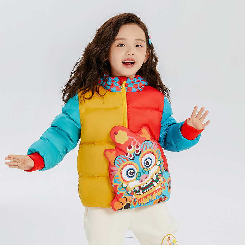 Dragon Long Checkboard Hooded Colorblock Joyful Dragon Down Jacket-12-color-NianYi Red -  NianYi, Chinese Traditional Clothing for Kids