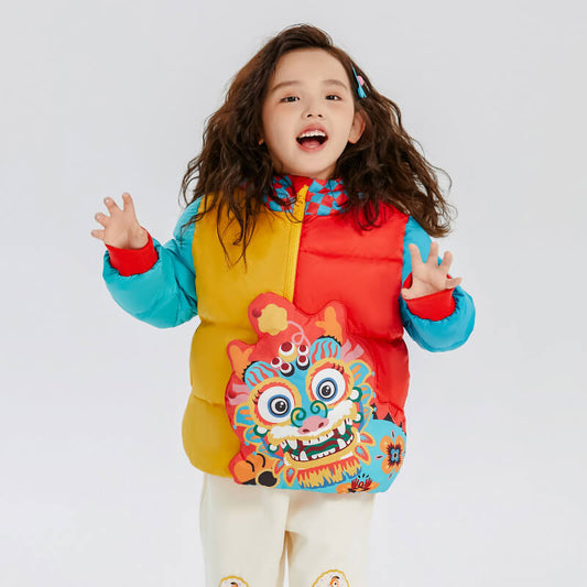 Dragon Long Checkboard Hooded Colorblock Joyful Dragon Down Jacket-2 -  NianYi, Chinese Traditional Clothing for Kids