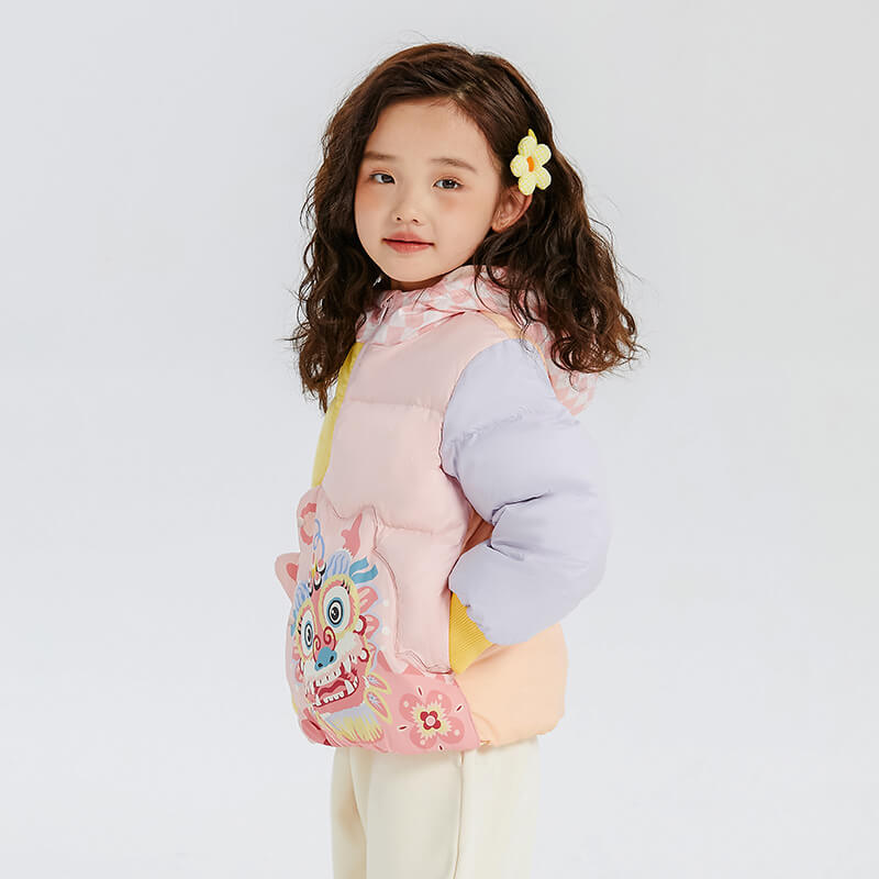 Dragon Long Checkboard Hooded Colorblock Joyful Dragon Down Jacket-8 -  NianYi, Chinese Traditional Clothing for Kids