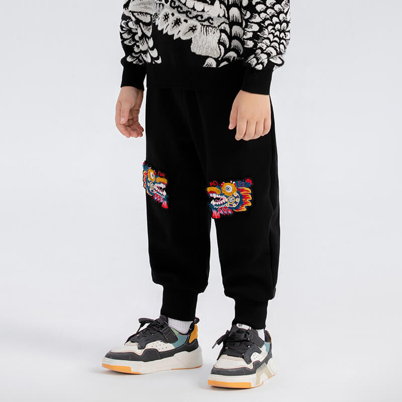Dragon Long Head of Dragon Dance Emboidery Sweatpants-3-color-Jet Black -  NianYi, Chinese Traditional Clothing for Kids