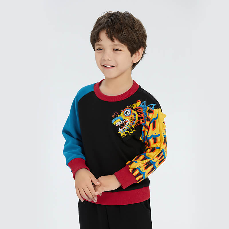 Coiling Dragon Embroidery and Printed Scales Raglan Sleeve Sweatshirt-10 -  NianYi, Chinese Traditional Clothing for Kids