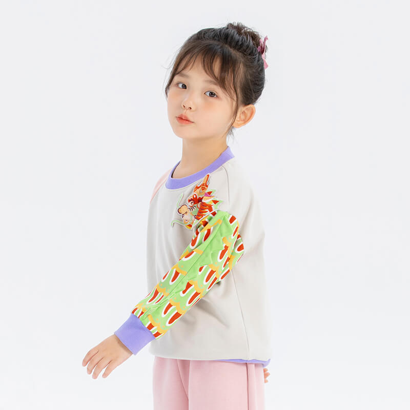 Coiling Dragon Embroidery and Printed Scales Raglan Sleeve Sweatshirt-4 -  NianYi, Chinese Traditional Clothing for Kids