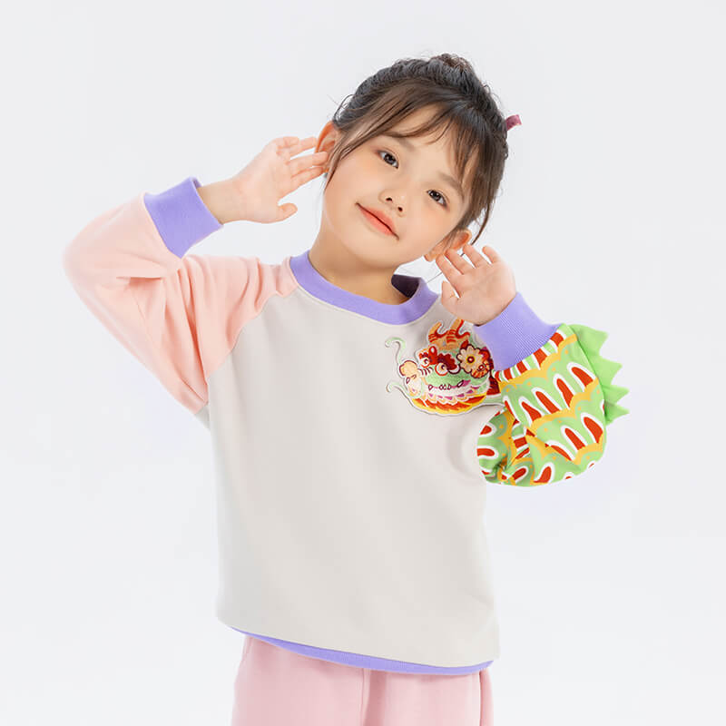 Coiling Dragon Embroidery and Printed Scales Raglan Sleeve Sweatshirt-5-color-Gorgon Grey -  NianYi, Chinese Traditional Clothing for Kids