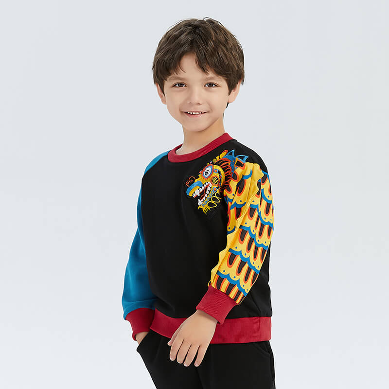 Coiling Dragon Embroidery and Printed Scales Raglan Sleeve Sweatshirt-7 -  NianYi, Chinese Traditional Clothing for Kids