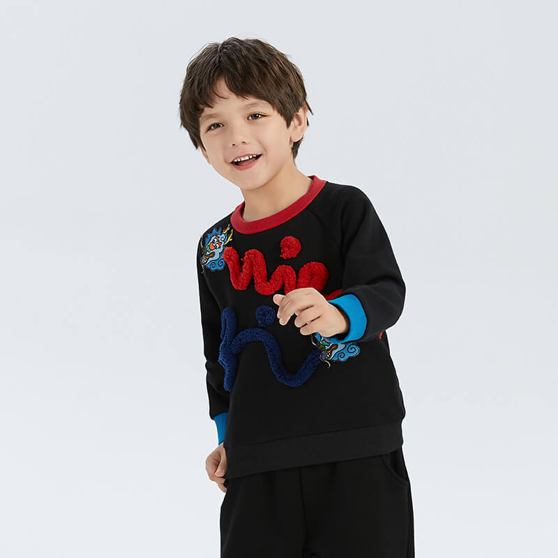 One Stroke Drawing Dragon Embroidery Color Contrast Sweatshirt-6 -  NianYi, Chinese Traditional Clothing for Kids