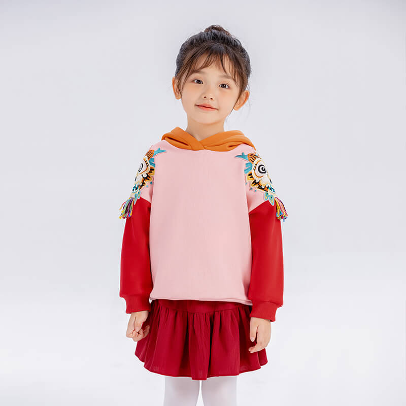 Dragon Long Dragon Cloth Patch with Tassels Colorblock Hoodie-11-color-Persian Silk Pink -  NianYi, Chinese Traditional Clothing for Kids