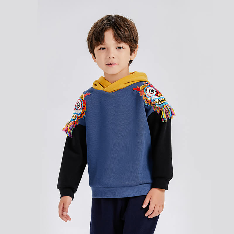 Dragon Long Dragon Cloth Patch with Tassels Colorblock Hoodie-5-color-Dark Blue -  NianYi, Chinese Traditional Clothing for Kids