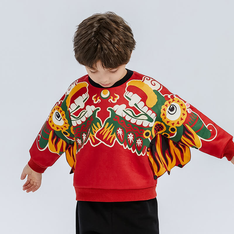 Dragon Long Unique Sleeves Dragons Playing with Pearls Print Raglan Sweatshirt-2 -  NianYi, Chinese Traditional Clothing for Kids