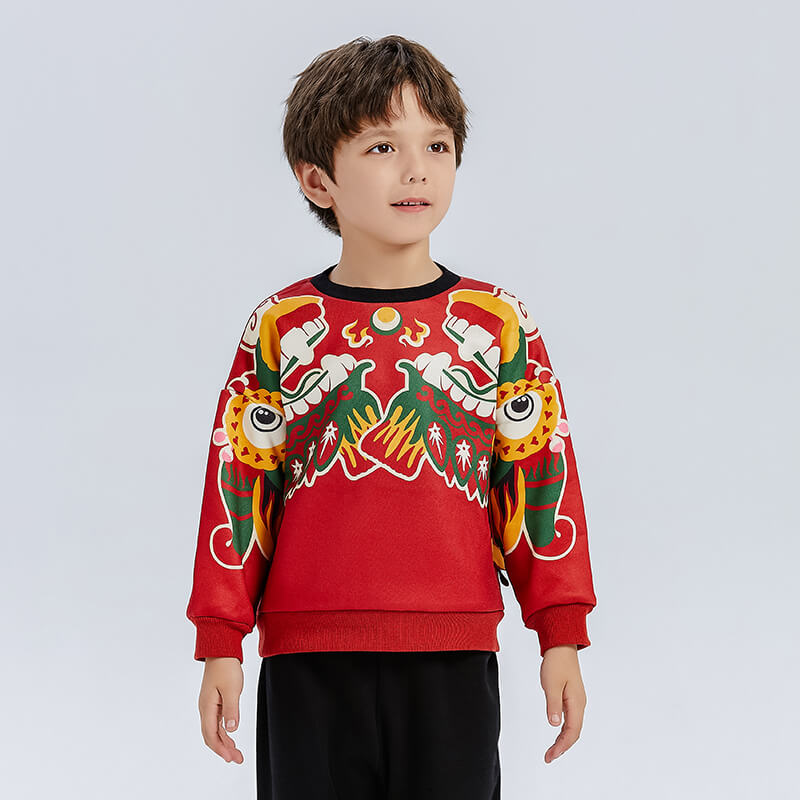 Dragon Long Unique Sleeves Dragons Playing with Pearls Print Raglan Sweatshirt-4 -  NianYi, Chinese Traditional Clothing for Kids
