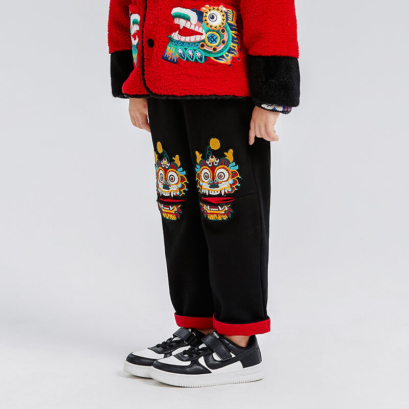Dragon Long Loong Embroidery Pile Lined Sweatpants-1 -  NianYi, Chinese Traditional Clothing for Kids
