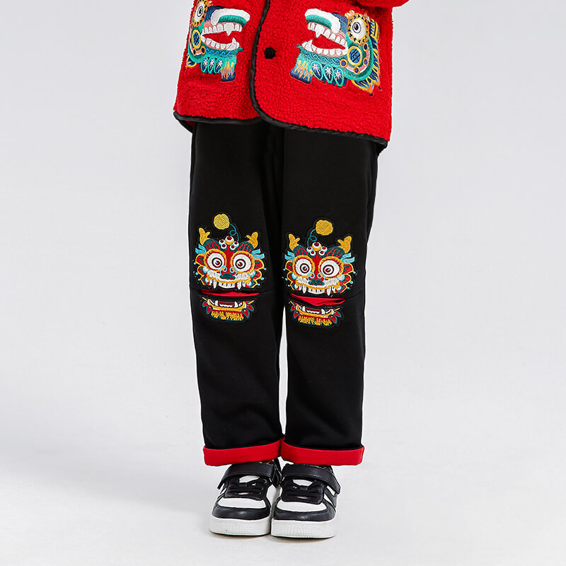 Dragon Long Loong Embroidery Pile Lined Sweatpants-3-color-Jet Black -  NianYi, Chinese Traditional Clothing for Kids