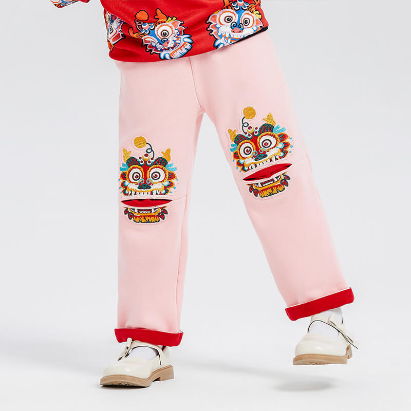 Dragon Long Loong Embroidery Pile Lined Sweatpants-5-color-Persian Silk Pink -  NianYi, Chinese Traditional Clothing for Kids
