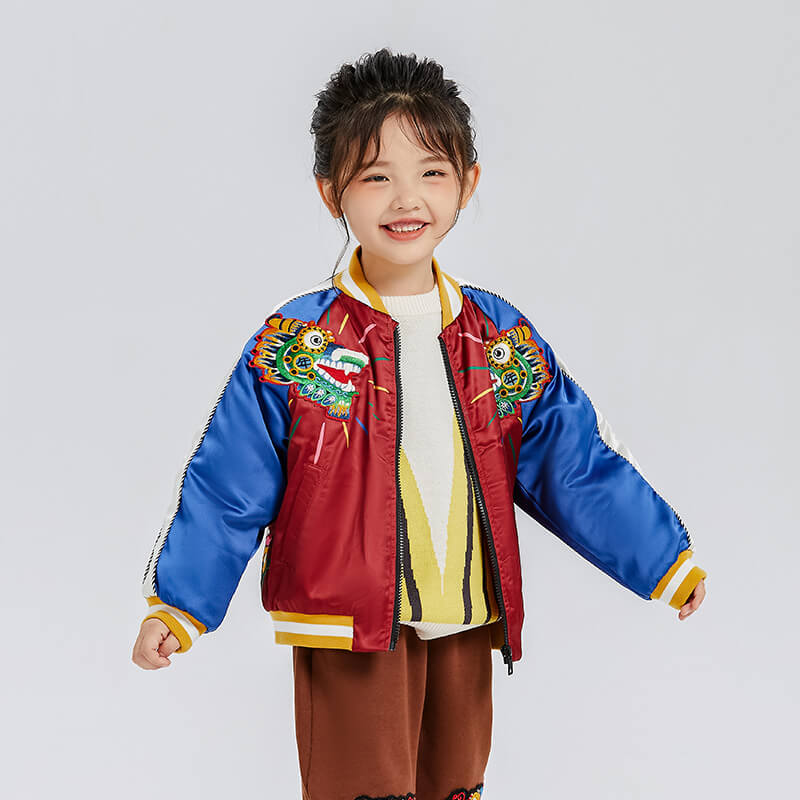 Dragon Long Colorblock Club Jacket with Back Dragon Illustration Print-1 -  NianYi, Chinese Traditional Clothing for Kids