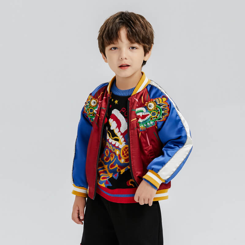 Dragon Long Colorblock Club Jacket with Back Dragon Illustration Print-2 -  NianYi, Chinese Traditional Clothing for Kids