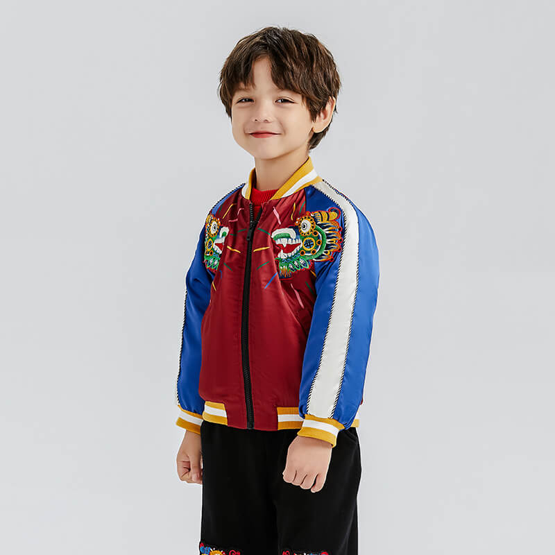 Dragon Long Colorblock Club Jacket with Back Dragon Illustration Print-3-color-NianYi Red -  NianYi, Chinese Traditional Clothing for Kids