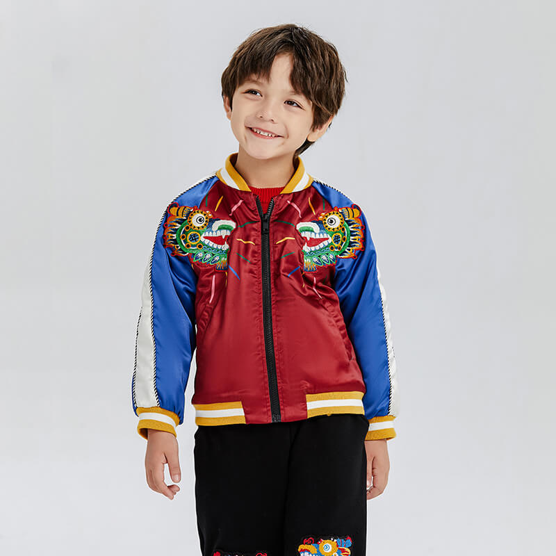 Dragon Long Colorblock Club Jacket with Back Dragon Illustration Print-4 -  NianYi, Chinese Traditional Clothing for Kids