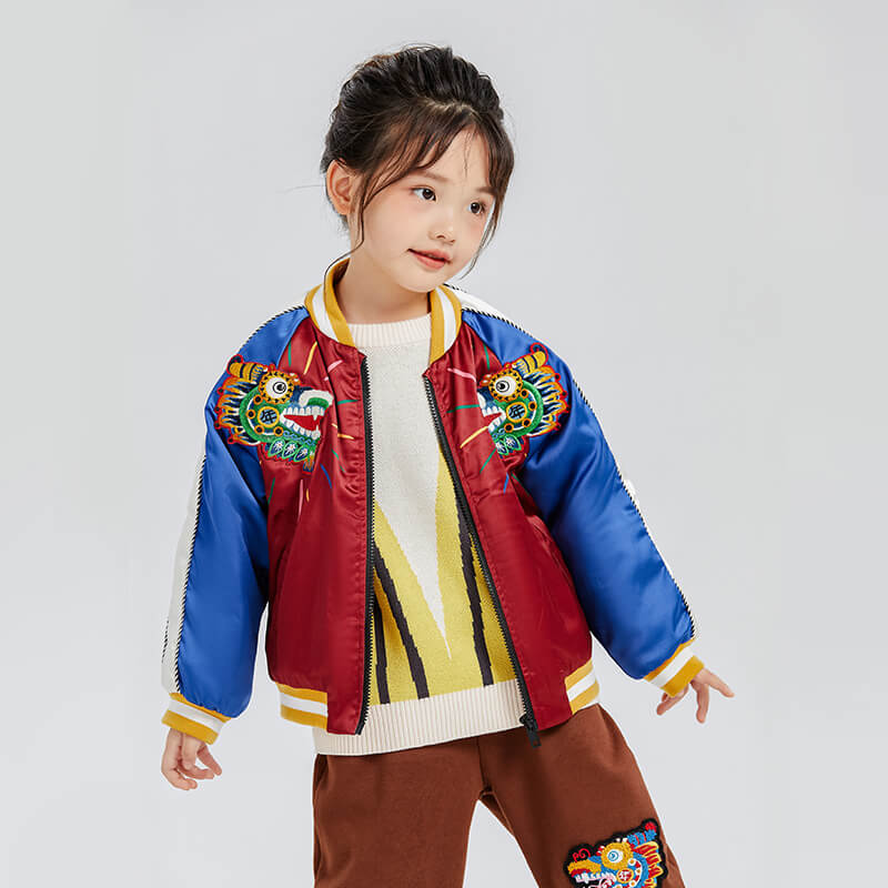 Dragon Long Colorblock Club Jacket with Back Dragon Illustration Print-6 -  NianYi, Chinese Traditional Clothing for Kids