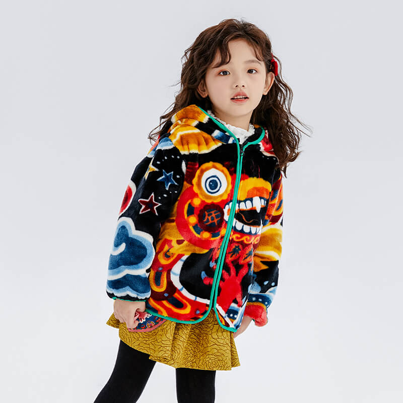 Dragon Long Love and Luck Auspicious Print Fleece Hooded Jacket-2 -  NianYi, Chinese Traditional Clothing for Kids
