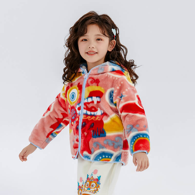 Dragon Long Love and Luck Auspicious Print Fleece Hooded Jacket-3-color-Pale Crimson -  NianYi, Chinese Traditional Clothing for Kids