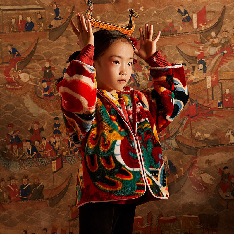 Dragon Long Love and Luck Auspicious Print Fleece Hooded Jacket-4 -  NianYi, Chinese Traditional Clothing for Kids